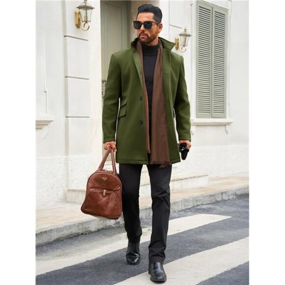 Mens Pea Coats Single Breasted with Pockets Green - Picture 4 of 5